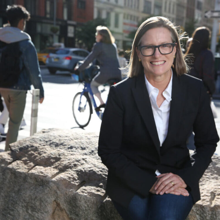 Amy Freitag sitting on a boulder on a busy NYC street