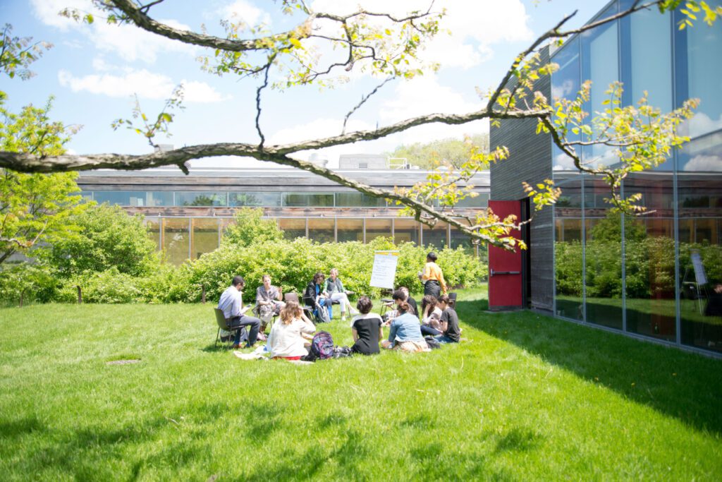 People sit in a circle in the grass